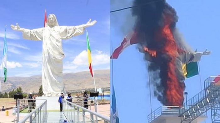 Junín feroz incendio arrasa con monumento de Cristo Blanco frente a